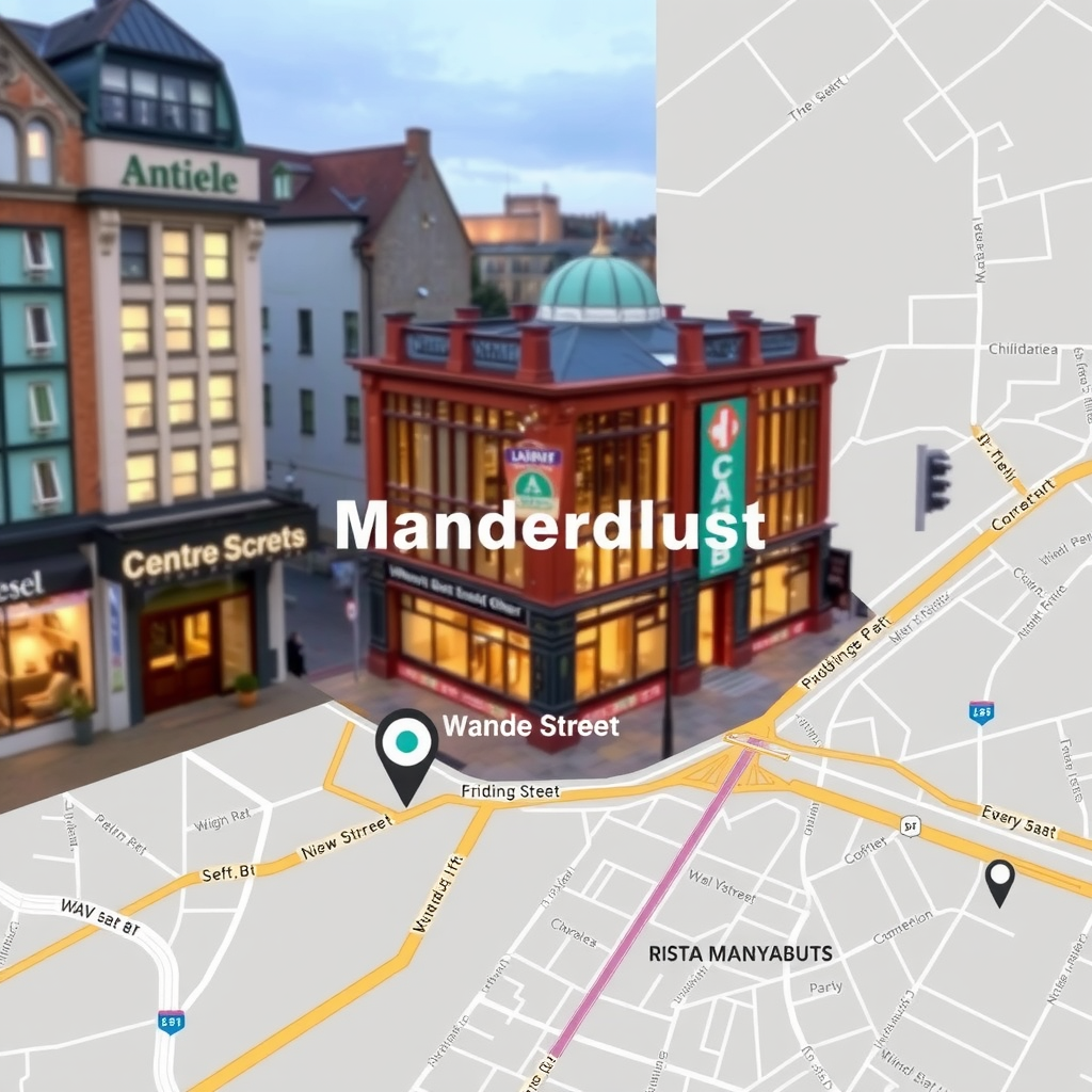 Map showing Wanderlust Escapes UK office location at 14 High Street, Manchester M1 1AB, United Kingdom with surrounding landmarks and streets