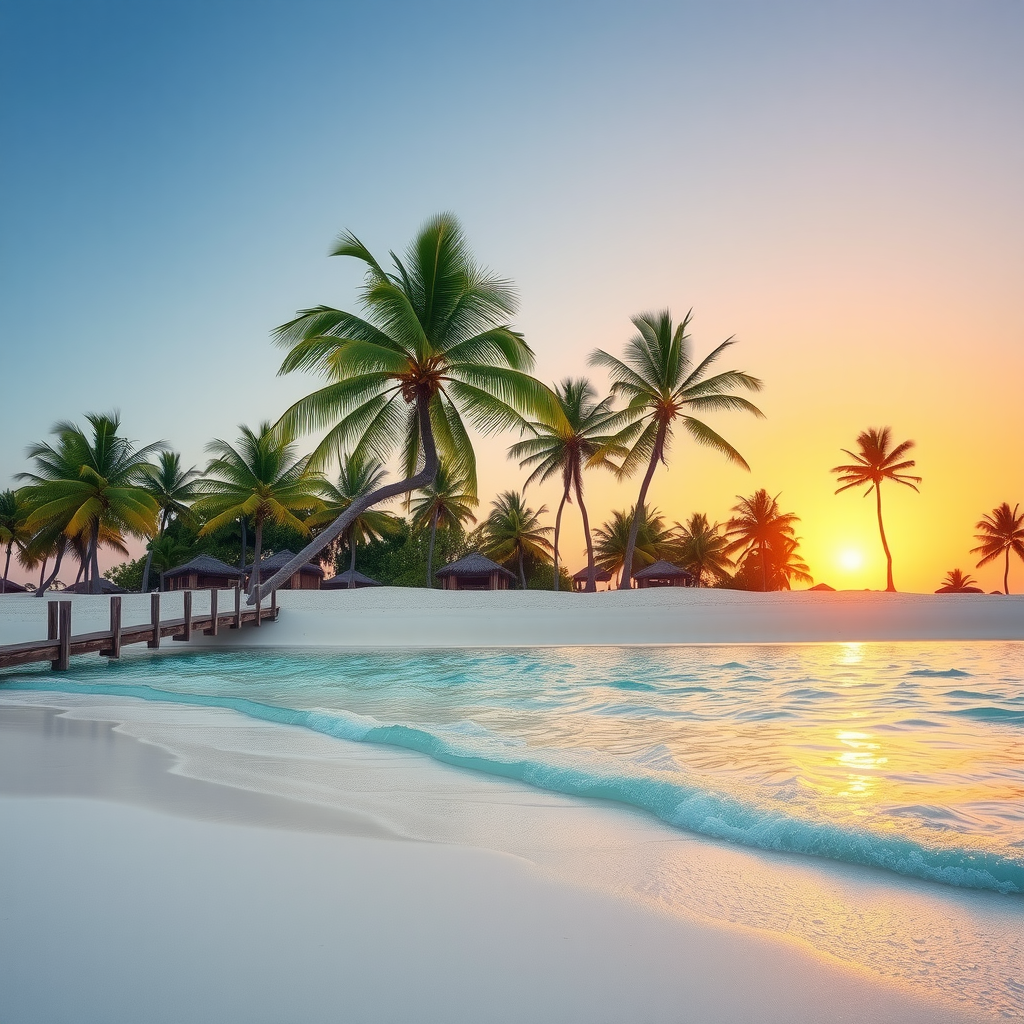 Beautiful tropical beach with crystal clear turquoise water, white sand, palm trees swaying in the breeze, and a stunning sunset in the background