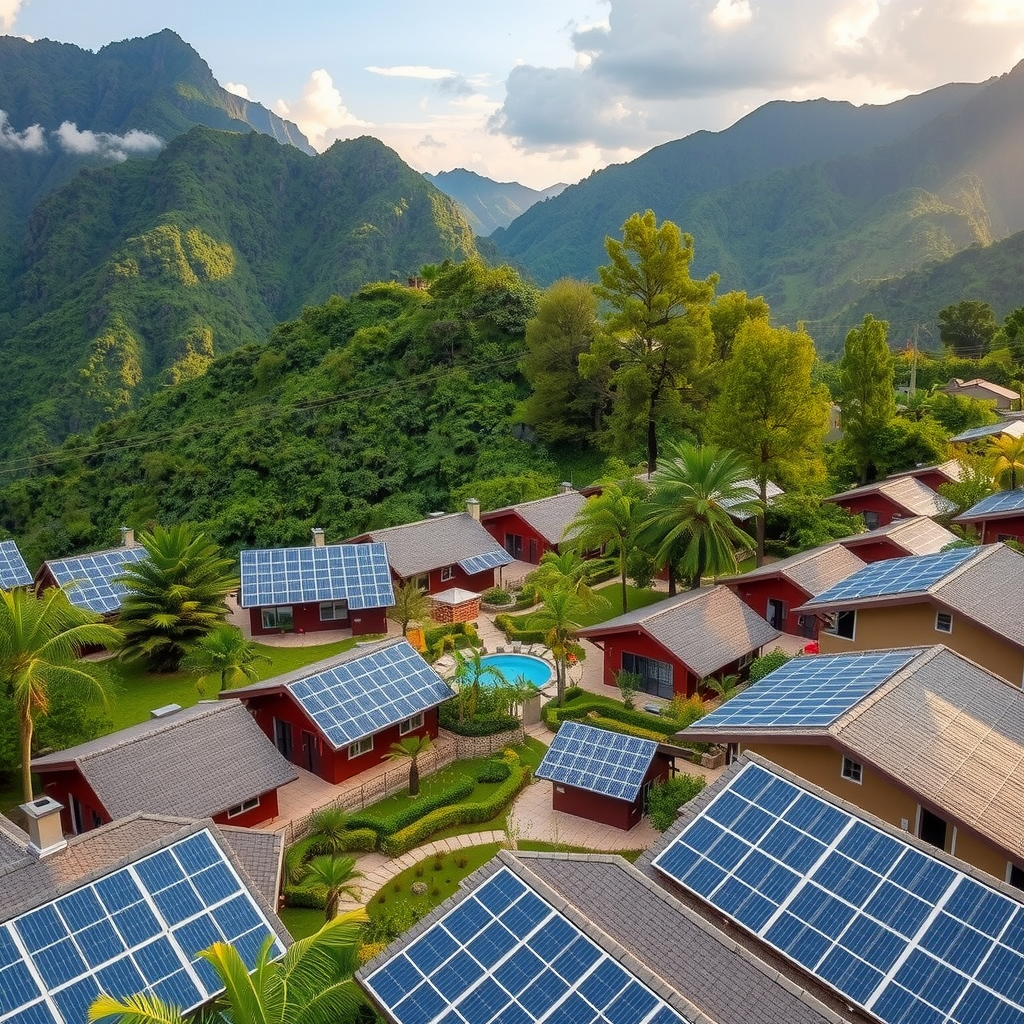 Scenic view of an eco-friendly resort nestled in lush green mountains with solar panels on rooftops, surrounded by pristine nature, showcasing sustainable tourism practices with travelers enjoying outdoor activities in harmony with the environment