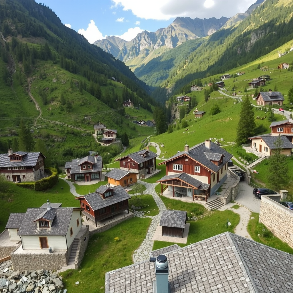 Scenic view of a remote mountain village with traditional architecture nestled in lush green valleys, representing authentic travel destinations away from tourist crowds