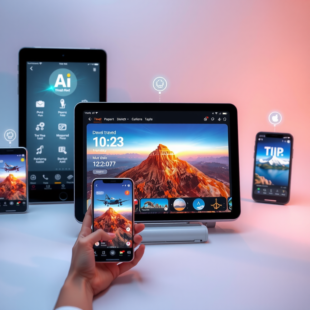 Modern travel technology interface showing AI-powered trip planning tools, virtual reality destination previews, and mobile apps on various devices including smartphones and tablets, with holographic travel destination displays and futuristic user interface elements