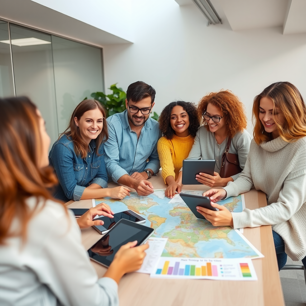 Professional travel coordinator working with a diverse group of travelers around a table with maps, brochures, and digital tablets, planning an exciting group journey together in a modern, bright office setting