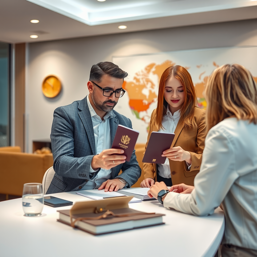 Professional travel consultant reviewing passport and visa documents with client at modern desk with world map in background
