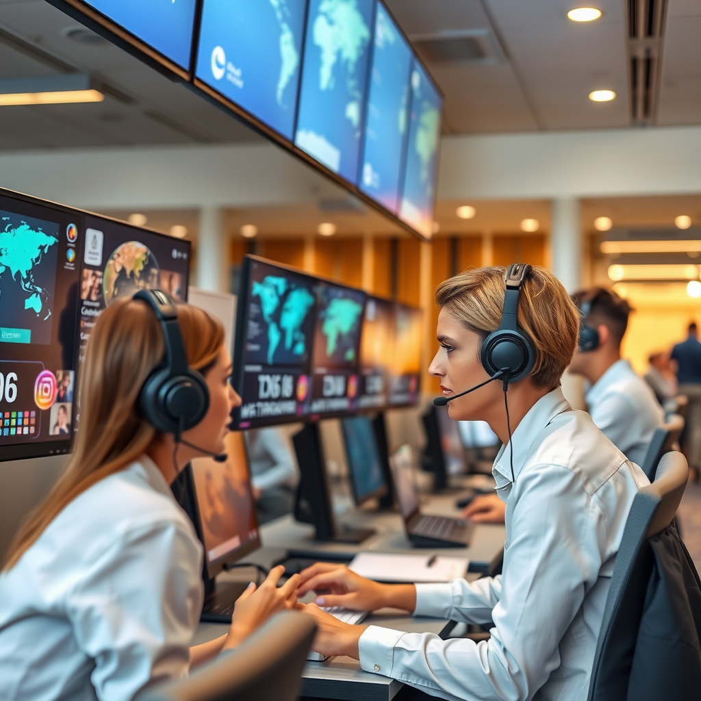 Professional travel support team working at modern call center with headsets, multiple monitors displaying travel itineraries and world maps, bright and welcoming office environment
