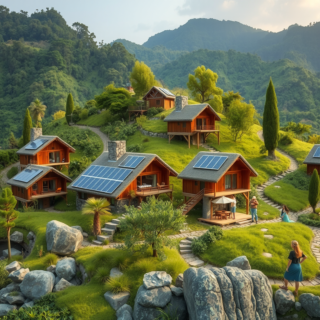 Sustainable tourism concept showing eco-friendly accommodations nestled in lush green landscapes with solar panels, natural materials, and travelers engaging in conservation activities while respecting local communities and environment