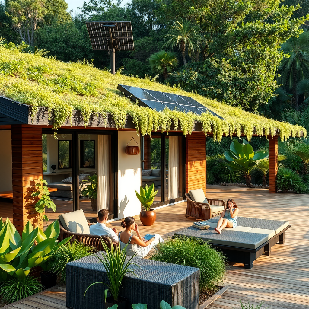 Modern eco-lodge with green roof covered in vegetation, large windows showcasing natural light, solar panels integrated into design, surrounded by native plants and gardens, with guests relaxing on sustainable bamboo furniture on an outdoor terrace