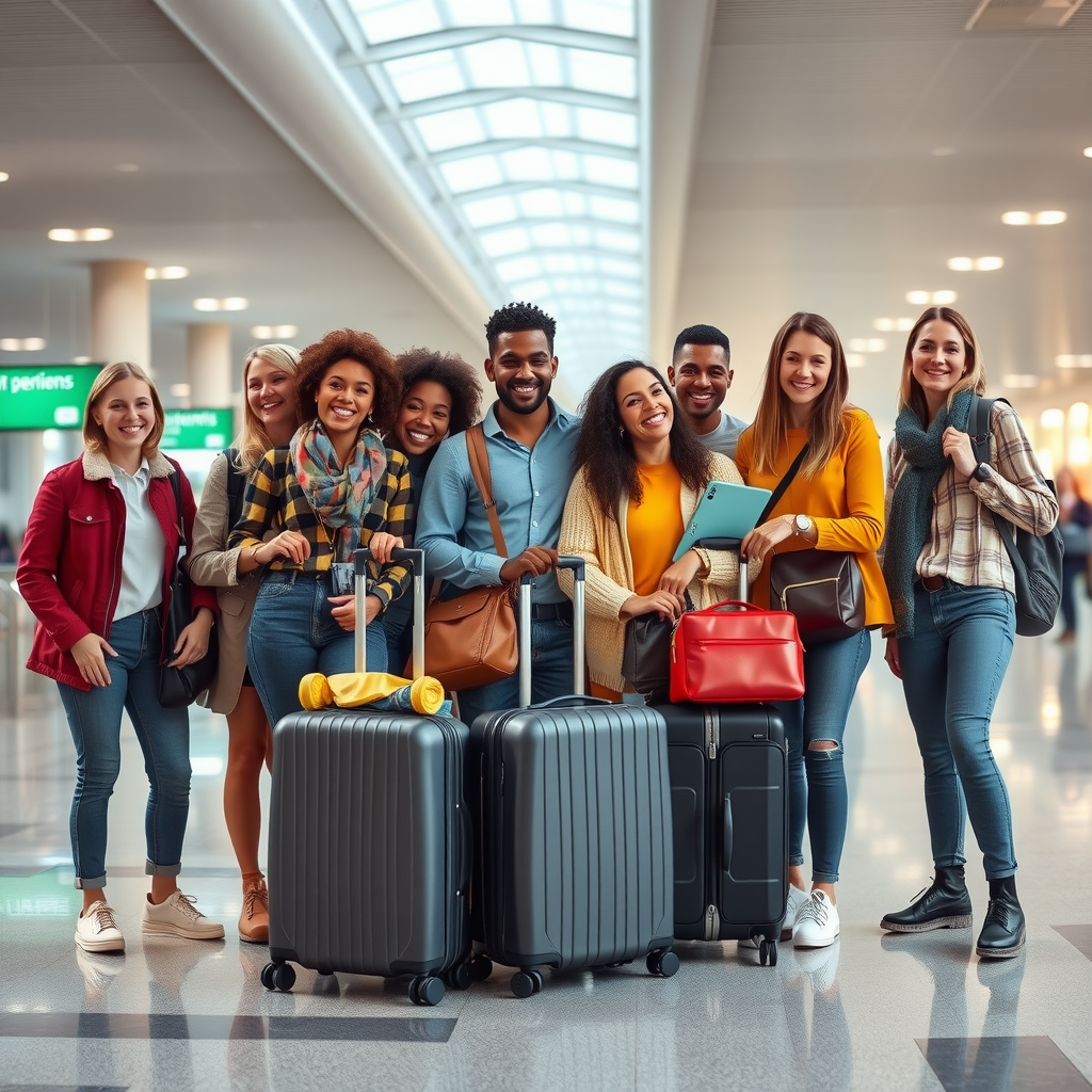 Happy diverse group of travelers with luggage standing together at airport terminal ready for coordinated group adventure vacation