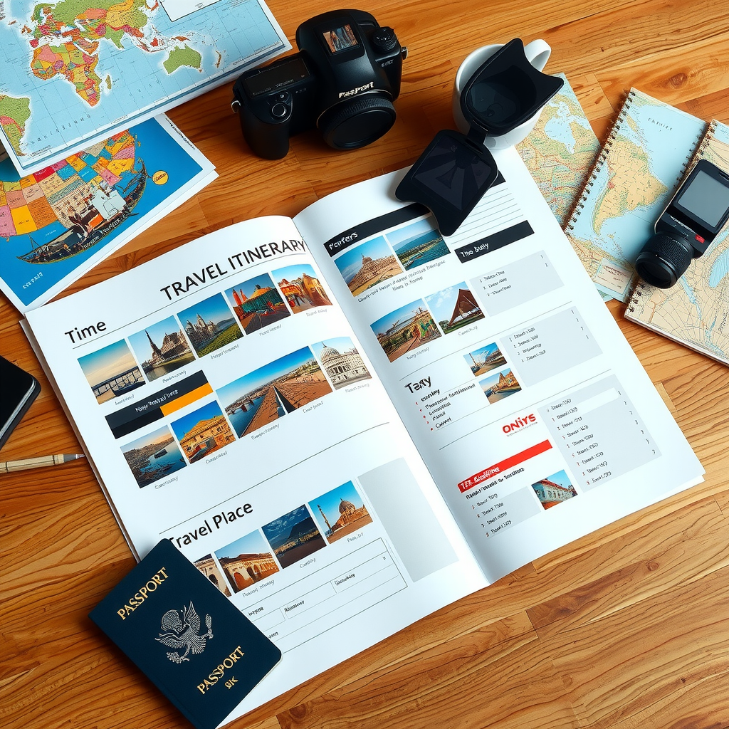 Detailed custom travel itinerary document spread on a wooden desk with colorful destination photos, travel guides, passport, camera, and coffee cup, showing personalized day-by-day planning with maps and activity schedules