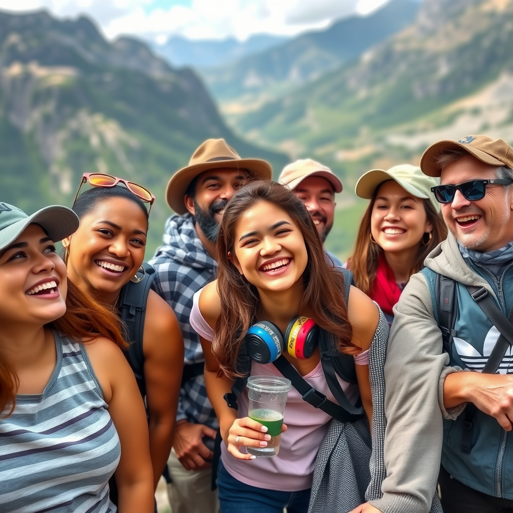 Happy diverse group of travelers enjoying outdoor activities together, laughing and bonding during a guided tour with scenic mountain landscape in the background, capturing the joy of shared travel experiences