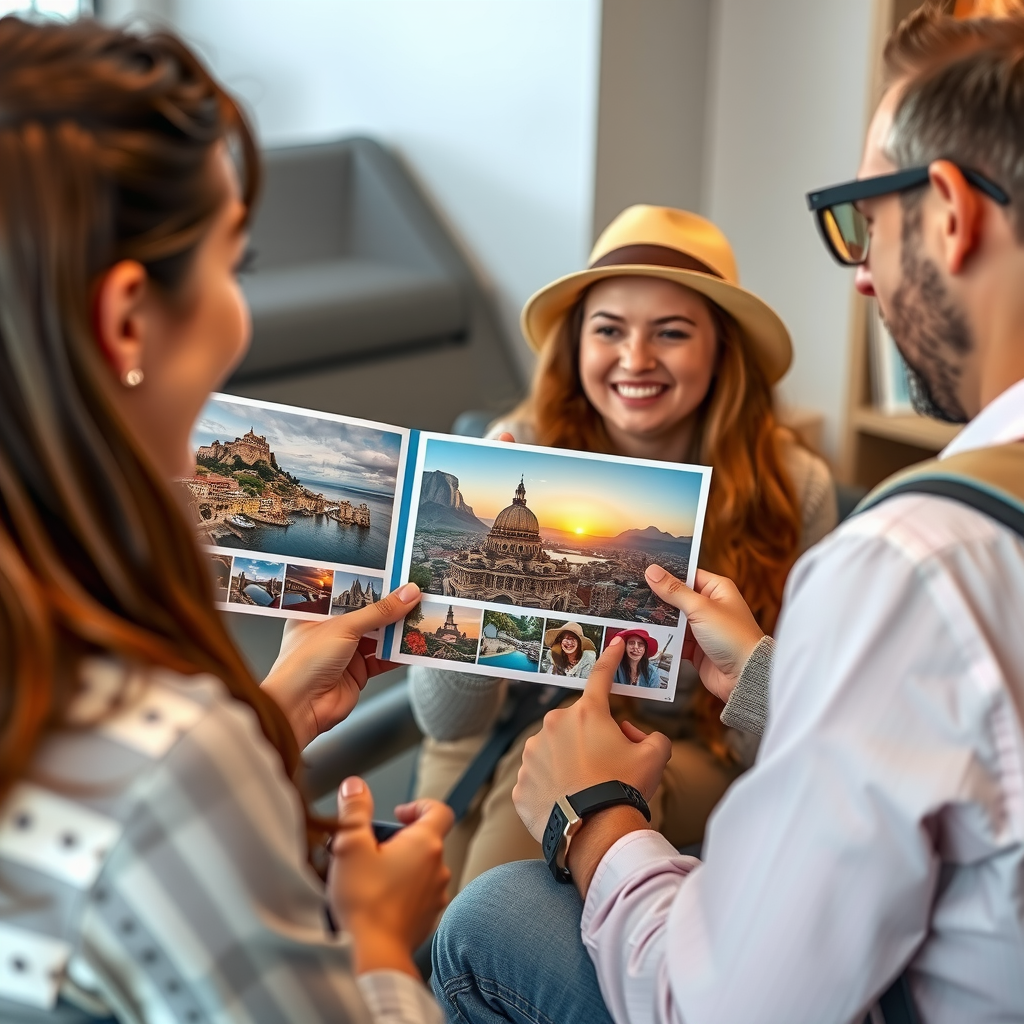 Travel expert showing destination photos and maps to excited travelers, sharing insider knowledge about local attractions, restaurants, and cultural experiences during consultation session
