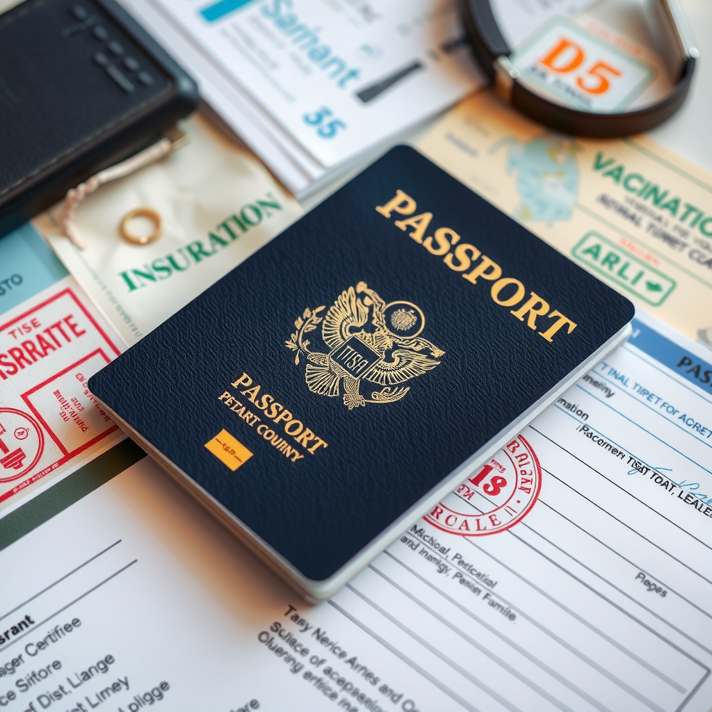 Close-up of various travel documents including passport, visa stamps, travel insurance papers, and vaccination certificates arranged on desk