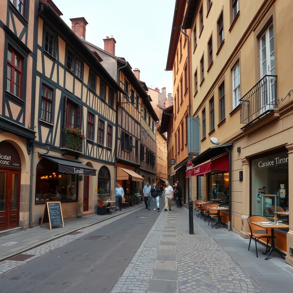 Historic city street with well-preserved traditional architecture, cobblestone pathways, and local cafes in a charming urban setting