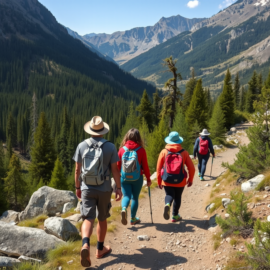 Travelers hiking through scenic natural landscape with mountains, forests, and pristine wilderness in an off-the-beaten-path destination