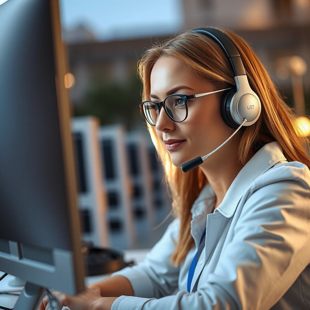 Customer support representative wearing headset working at computer providing round the clock travel assistance to clients worldwide
